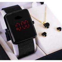 Relógio Feminino Quadrado Led Luxo + Colar + Brinco Mega Menor Preço Enviamos Hoje Mesmo