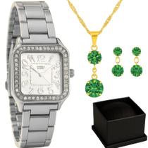Relogio Feminino Quadrado Pequeno + Colar Brincos Tendencia