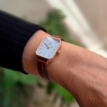 Relógio Feminino Quadrado Rose couro Marrom minimalista New Port