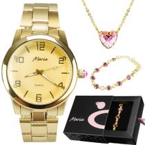 Relógio Feminino Quartz Dourado Banhado Ouro 18k + Kit Presente Colar Pulseira Berloque