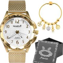 Relógio Feminino Quartzo a Prova D água Pulseira Ajustável + Pulseira Estilo Pandora + Caixa