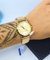 Relógio Feminino Redondo Quartz Pulseira Bracelete de Mola Elástica Aço Inox Analógico Luxo Dourado Gold Rose Tendência