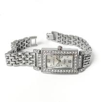 Relógio Feminino Retangular Strass Aço Inox