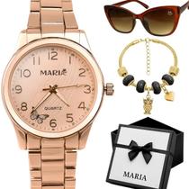 Relogio Feminino Rose Aço Banhado + Oculos Pulseira + Caixa protecao uv marrom ajustavel social presente garantia casual