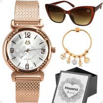 Relógio feminino rose aço + óculos sol + pulseira + caixa proteção uv moda casual inoxidável gatinho