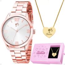 Relógio Feminino Rose Banhado Aço + Colar Coração Barbie Rosa Caixa Presente