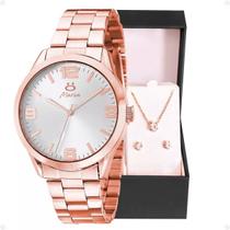 relogio feminino rose + brincos + colar strass + caixa qualidade premium ajustavel social moda presente casual