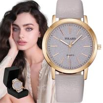Relógio Feminino Rosê Cinza Quartz Brilhante + Caixa