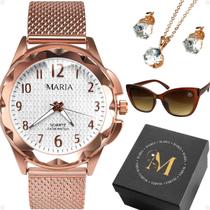 Relogio feminino rose + oculos sol + colar brincos + caixa protecao uv moda resistente marrom strass banhado silicone Relogio feminino rose + oculos sol + colar brincos + caixa protecao uv moda resistente marrom strass banhado silicone