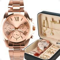 relogio feminino rose + porta joia original social prova dagua presente qualidade premium casual rose