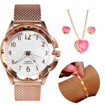 Relógio Feminino Rose Prova D'água + Colar Banhado Ouro 18K Pingente Strass Coração Rosa + Pulseira Pedrinha Adorno