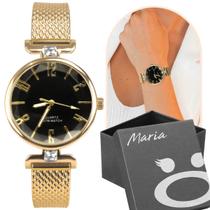 Relógio feminino silicone banhado aço inox dourado + caixa casual fundo preto pulseira ajustavel