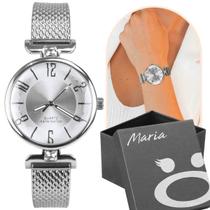 Relogio feminino silicone prova dagua aço inox prata + caixa strass casual pulseira ajustavel moda