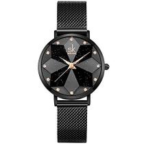 Relógio feminino SK ultra fino Minialist Creative Starry Sky com pulseira de malha de aço inoxidável de couro genuíno, S