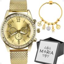 Relogio Feminino Social Elegante Vintage Strass Prova Dagua Redondo + Pulseira + Caixa Grife