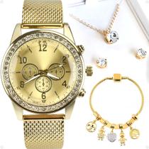 relogio feminino strass aço + brincos + delicada prova dagua social moda banhado delicado redondo presente dourado