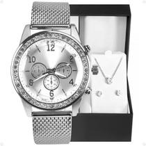 relogio feminino strass aço prata + colar + brincos caixa delicado redondo prova dagua social aço inoxidável moda