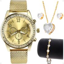 Relógio Feminino Strass Dourado + Colar + Pulseira + Brincos