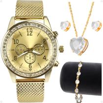 Relogio Feminino Strass Dourado + Pulseira + Brincos + Colar moda prova dagua presente redondo