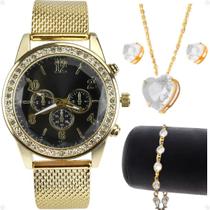 Relogio Feminino Strass Dourado + Pulseira + Brincos + Colar