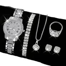 Relógio Feminino Strass Luxuoso Vinkin + Kit Acessórios Strass