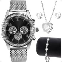 relogio feminino strass prata + colar brincos pulseira moda redondo prova dagua presente social