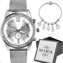 Relogio Feminino Strass Prova Dagua Aço + Pulseira + Caixa prata moda delicado redondo social qualidade premium presente