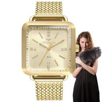 Relógio Feminino Technos Fashion Style Analógico Quadrado Pulseira Mesh Aço Inóx Resistente Água Casual Dourado 2036MME/4X