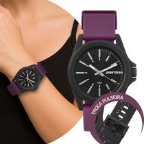 Relógio Feminino Troca a Pulseira Mormaii Kit com 2 Pulseiras de Silicone nas Cores Roxo e Preto Casual Esportivo Fashion Original