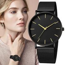 Relógio Feminino Ultrafino Preto e Dourado Design Pulseira Aço