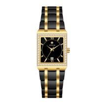 Relógio feminino WWOOR 8858 de aço inoxidável quadrado dourado preto