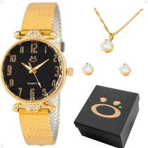 relogio feminio banhado dourado + brincos colar pulseira ajustavel qualidade premium mostrador preto inoxidável social