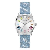 Relógio GUESS feminino, 36 mm, pulseira azul, mostrador branco, estojo prateado