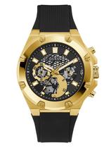 Relógio GUESS Silicone Sport Black Strap, caixa dourada de 46 mm