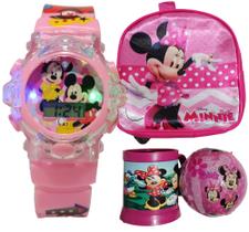 Relogio Infantil Com Mochila Caneca Rosa Minnie Musical Luzes Digital