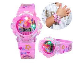 Relógio infantil digital Barbie rosa musical luzes 3d