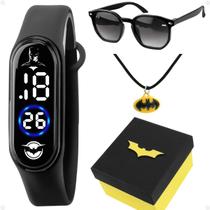 Relogio infantil digital batman + oculos sol + colar criança proteção uv original qualidade premium silicone preto acetato presente amarelo