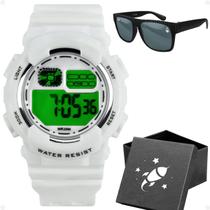 Relogio Infantil Digital Branco Menino + Oculos Sol criança original presente proteção uv qualidade premium data alarme