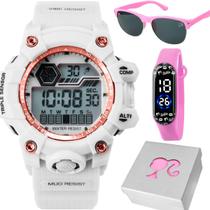 Relogio Infantil Digital + Caixa + Oculos Sol Protecao UV rosa criança luz pink prova dagua original data barbie menina
