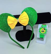Relógio Infantil Digital Led Pisca Luz Led Colorido Toca Musica Disney Minnie Mouse + Tiara Arquinho com Laço Orelhas
