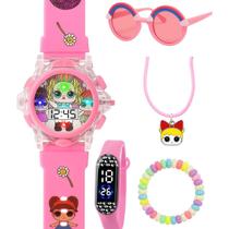 Relogio Infantil Digital Led Rosa + Colar Oculos + Pulseira menino presente crianca silicone qualidade premium brinde Relogio Infantil Digital Led Rosa + Colar Oculos + Pulseira menino presente crianca silicone qualidade premium brinde