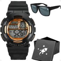 Relogio infantil digital menino preto + oculos sol + caixa original esportivo alarme criança data rose presente