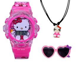 Relogio Infantil Digital Musical Hello Kitty Luzes + Óculos + Colar Kit