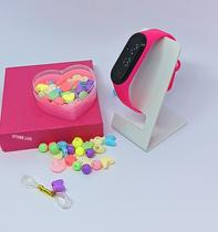 Relógio Infantil Digital para Menina Bracelete Silicone + Kit miçangas para Montar Colar Pulseiras Anél Pingentes Letras