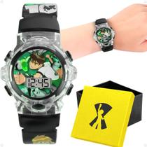 relogio infantil digital preto silicone ben10 led + caixa presente silicone original luz ajustavel