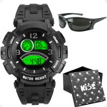 relogio infantil digital preto silicone + oculos sol + caixa alarme praia esportivo verão proteção uv data criança