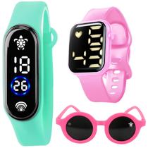Relógio infantil digital prova d'agua + óculos pulseira ajustável qualidade premium proteção uv rosa