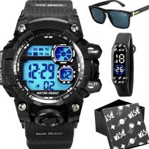 relogio infantil digital prova dagua + caixa + oculos sol cronometro ajustavel preto original esportivo silicone alarme