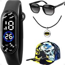 relogio infantil digital prova dagua + colar + bone + oculos combo menino preto adolescente batman data presente criança relogio infantil digital prova dagua + colar + bone + oculos combo menino preto adolescente batman data presente criança