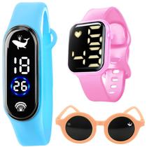 Relógio infantil digital prova dagua + oculos + bracelete resistente salmão fundo mar criança azul